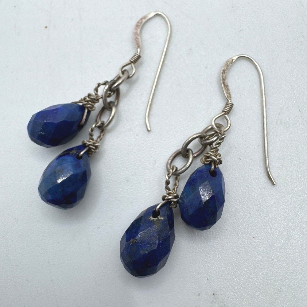 Vintage Handmade Silver Tone Blue Faceted Teardrop Dangle Earrings Navy Boho